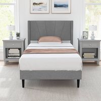 Costway Twin Bed Frame Modern Platform Bed with Linen Upholstered Wingback Headboard - Grey - Angle