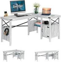 Bestier - Farmhouse L-Shaped Computer Desk with Storage Cabinet and Bookshelf - 60" Wide - Wash W...