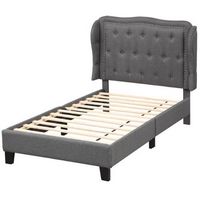 Costway Twin Size Bed Frame with Button Tufted Wingback Headboard Wooden Slats Support - Gray