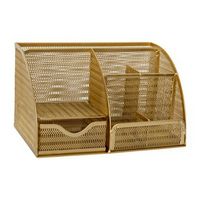 Martha Stewart - Ryder Premium Small Mesh Metal Desktop Storage Organizer With Drawer in Gold - Gold