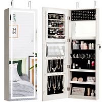 Costway - Door Wall Mount Touch Screen LED Light Mirrored Jewelry Cabinet Storage - White