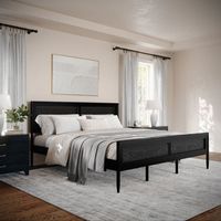 Martha Stewart - Jax Wooden King Platform Bed with Rattan Inset Headboard and Footboard-Black - B...