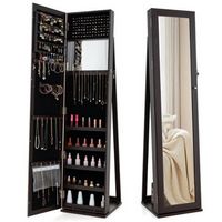 Costway - Mirrored Jewelry Cabinet Armoire Lockable Standing Storage Organizer with Shelf - Dark ...