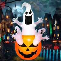 Costway - 6FT Halloween Inflatable Ghost Pumpkin-Halloween Blow Up Yard Decoration - White/Orange