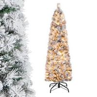 Costway - 4.5 FT Pre-Lit Slim Christmas Tree Flocked Decoration with Pine Needles & Lights - Gree...