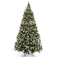 Costway - 9ft Pre-lit Snowy Christmas Tree 2058 Tips with Pine Cones & Red Berries - Green