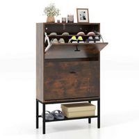 Costway - Industrial Shoe Storage Cabinet with 2 Flip Drawers 1 Bottom Metal Shelf Organizer - Ru...