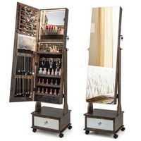 Costway - Jewelry Cabinet Armoire Full-Length Mirror Lockable with 3-Color LED Lights - Coffee