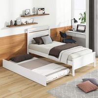 Costway Twin Size Platform Bed with Trundle Pull-out Trundle Headboard & Footboard - White - Back View