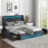 Costway Full Size Bed Frame with LED Lights & Charging Station Upholstered Platform Bed - Gray - Back View