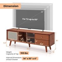 Costway Bamboo TV Stand Console Table with PE Rattan Door & 2 Drawers for TV up to 65