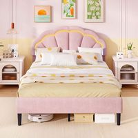 Costway Full Size Upholstered LED Bed Frame Soft Velvet Platform Bed with Flower Headboard - Pink - Back View