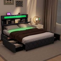 Costway Full Size Bed Frame with Led Lights & Charging Station & Modern Upholstered Bed - Gray - Back View