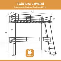 Costway Twin Size Metal Loft Bed Single Loft Bunk Bed with Full-Length Guardrail - Black - Back View
