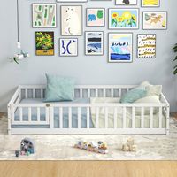 Costway Twin Size Floor Bed with Door & Fence with Safety Guardrails & Slats Support - White - Back View