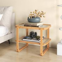 Costway 2 PCS Bamboo Side Table Rattan Shelf Glass Top Nightstand Small Sofa End Table - Natural - Back View