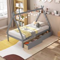 Costway Twin Size Wooden House Bed with 2 Drawers Roof Storage for Boys & Girls - Gray - Back View