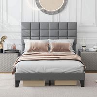 Costway Full Size Bed Frame Modern Linen Fabric Upholstered Platform Bed with Headboard - Gray - Back View