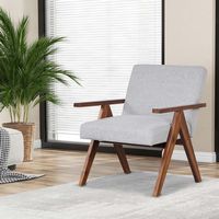 Costway 1 PCS Modern Accent Chair Linen Fabric Armchair with Solid Acacia Wood Frame - Grey - Back View
