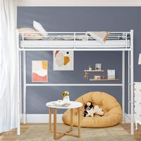 Costway Twin Size Loft Bed Heavy Duty Metal Loft Bed Frame with Safety Guardrail - White - Back View
