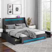 Costway Queen Size Bed Frame with LED Lights & Charging Station Upholstered Platform Bed - Gray - Back View