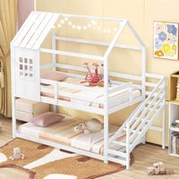 Costway Twin House Bunk Bed with Stairs Roof Rails & Window Full-length Guardrails - White - Back View