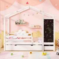 Costway Twin House Bed with 2 Storage Drawers Solid Wood Platform Bed with Blackboard - White - Back View
