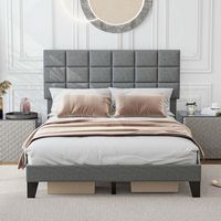 Costway Queen Size Bed Frame Modern Linen Fabric Upholstered Platform Bed with Headboard - Gray - Back View