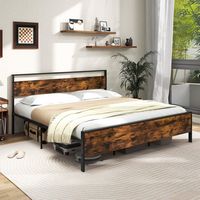 Costway King Size Bed Frame with Wooden Headboard and Footboard Under-Bed Storage - Brown - Back View