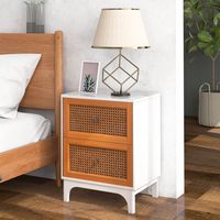 Costway 2 PCS Rattan Nightstand with Storage Wood End Sofa Side Table with 2 drawers Wood Legs - ... - Back View