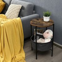 Costway Industrial Round End Side Table Sofa Coffee Table w/ Storage Basket & Metal Frame - Grey,... - Back View