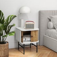 Costway Sliding Door Nightstand Mid-century Modern Storage End Table with Cabinet - Distressed White - Back View