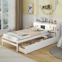 Costway Twin Size Bed Frame with LED Light & Power Outlet Bookcase Headboard Drawers - White - Back View