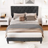 Costway Full Size Bed Frame with Button-Tufted Headboard & Wooden Slats Easy Assembly - Gray - Back View