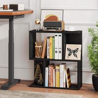 Costway 2 PCS 3-Tier Bookshelf Geometric Bookcase Side Table with Open Storage Display Shelf - Black - Back View