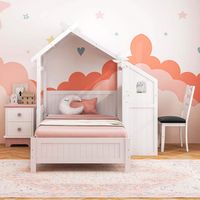 Costway Twin House Bed with Desk & Chair with 2 Drawers Windmill Fence & Headboard for Teens - White - Back View