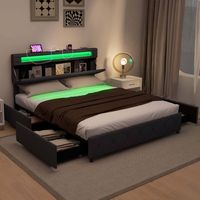 Costway Queen Size Bed Frame with Led Lights & Charging Station & Modern Upholstered Bed - Gray - Back View