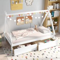 Costway Twin Size Wooden House Bed with 2 Drawers Roof Storage for Boys & Girls - White - Back View