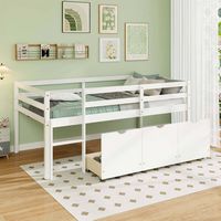Costway Twin Size Low Loft Bed with 3 Drawers Ladder & Full-length Guardrails Storage - White - Back View
