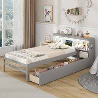 Costway Twin Size Bed Frame with LED Light & Power Outlet Bookcase Headboard Drawers - Gray - Back View