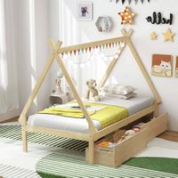 Costway Twin Size Wooden House Bed with 2 Drawers Roof Storage for Boys & Girls - Natural - Back View