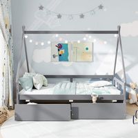Costway Twin Size House Bed with Roof Safety Guardrail 2 Storage Drawers Wood Slat Support - Gray - Back View