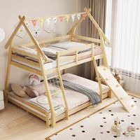 Costway Twin Over Queen Bunk Bed House Shaped Bed Frame with Climbing Nets and Ramp - Beige - Back View