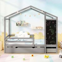 Costway Twin House Bed with 2 Storage Drawers Solid Wood Platform Bed with Blackboard - Gray - Back View