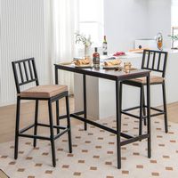 Costway Set of 2 Patio Metal Bar Stools Outdoor Bar Height Dining Chairs with Cushion - Black + B... - Back View