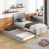 Costway Twin Size Platform Bed with Trundle Pull-out Trundle Headboard & Footboard - Gray - Back View