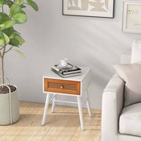 Costway 1 PCS Nightstand with Storage Drawer Rattan Decoration Solid Wood Legs for Bedroom - Whit... - Back View