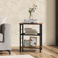 Costway 2 PCS 3-Tier Side End Table with Adjustable Mesh Shelf Narrow Nightstand - Rustic Brown - Back View