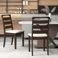 Costway Modern Dining Chair Set of 2 Upholstered Farmhouse Chairs with Rubber Wood Frame - Brown ... - Back View