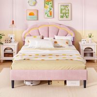 Costway Queen Size Upholstered LED Bed Frame Soft Velvet Platform Bed with Flower Headboard - Pink - Back View
